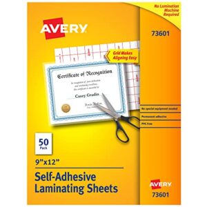 avery 73601 self-adhesive laminating sheets, 9 x 12 inch, permanent adhesive, 50 clear laminating sheets