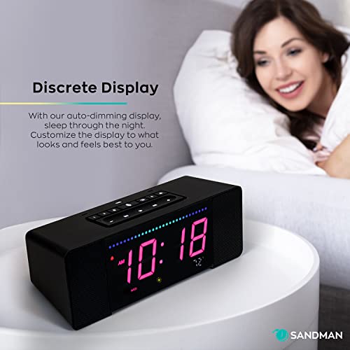 Sandman Clocks Doppler Smart Clock & Speaker with 6 Charging Ports and Alexa Multifunctional Bedside Clock with Alexa Built-in, Alarm, Smart Buttons, Premium Sound, Auto Dimmer - Blackout