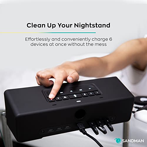 Sandman Clocks Doppler Smart Clock & Speaker with 6 Charging Ports and Alexa Multifunctional Bedside Clock with Alexa Built-in, Alarm, Smart Buttons, Premium Sound, Auto Dimmer - Blackout