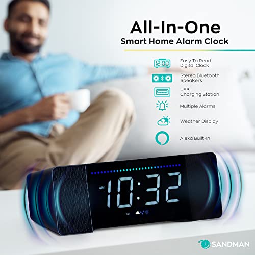 Sandman Clocks Doppler Smart Clock & Speaker with 6 Charging Ports and Alexa Multifunctional Bedside Clock with Alexa Built-in, Alarm, Smart Buttons, Premium Sound, Auto Dimmer - Blackout