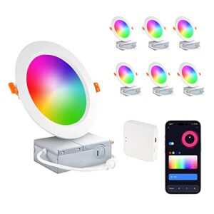 smart recessed lighting 6 inch, ic rated smart wifi led recessed lights, rgb & cool & warm white dimmable color changing downlight work with alexa/google, sync to music,2700k-6500k,1100lumen (6 pack)