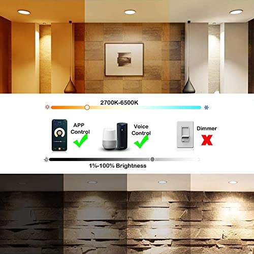 Smart Recessed Lighting 6 Inch, IC Rated Smart WiFi LED Recessed Lights, RGB & Cool & Warm White Dimmable Color Changing Downlight Work with Alexa/Google, Sync to Music,2700K-6500K,1100Lumen (6 Pack)