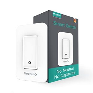 moesgo wifi smart single fire wall light switch,no neutral wire need, single pole, smart life/tuya remote control,no capacitor required, work with alexa and google home assistant 110v minimum 7w white