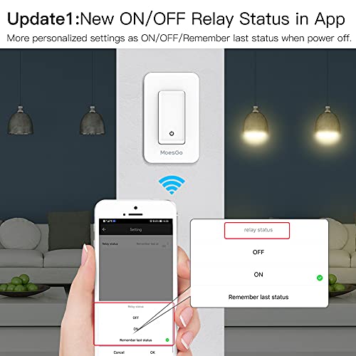 MoesGo WiFi Smart Single Fire Wall Light Switch,No Neutral Wire Need, Single Pole, Smart Life/Tuya Remote Control,No Capacitor Required, Work with Alexa and Google Home Assistant 110V Minimum 7w White