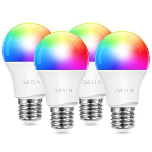 orein smart wifi light bulbs, dimmable rgbw led light bulbs color changing light bulb, a19 e26 60w equivalent, multicolor smart bulbs that work with alexa & google home, 1800k-6500k, high cri, 4 pack