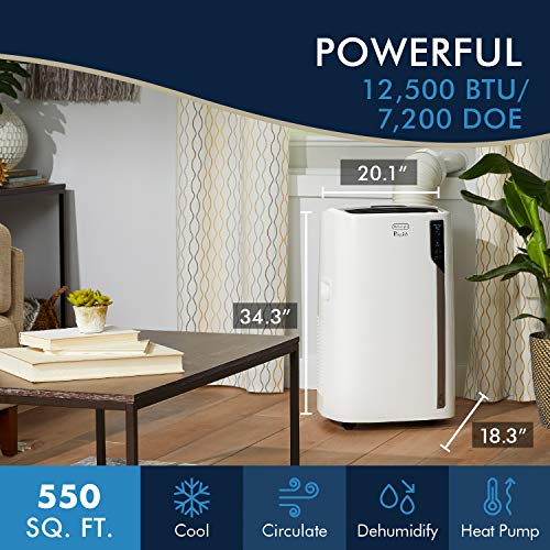 DeLonghi Portable Air Conditioner 12,500 BTU,cool extra large rooms up to 550 sq ft,wifi with alexa,energy saving,heat,quiet,remote,AC Unit,dehumidifier,fan,programmable,window venting kit,EL376HRGFK