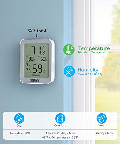 Govee Bluetooth Digital Hygrometer Indoor Thermometer, Room Humidity and Temperature Sensor Gauge with Remote App Monitoring, Large LCD Display, Notification Alerts, 2 Years Data Storage Export, Grey