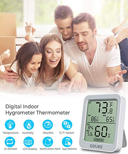 Govee Bluetooth Digital Hygrometer Indoor Thermometer, Room Humidity and Temperature Sensor Gauge with Remote App Monitoring, Large LCD Display, Notification Alerts, 2 Years Data Storage Export, Grey