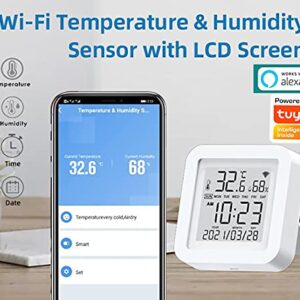 Smart WiFi Temperature Humidity Monitor: TUYA Wireless Temperature Humidity Sensor with APP Notification Alerts, WiFi Thermometer Hygrometer for Home Pet Garage,Compatible with Alexa