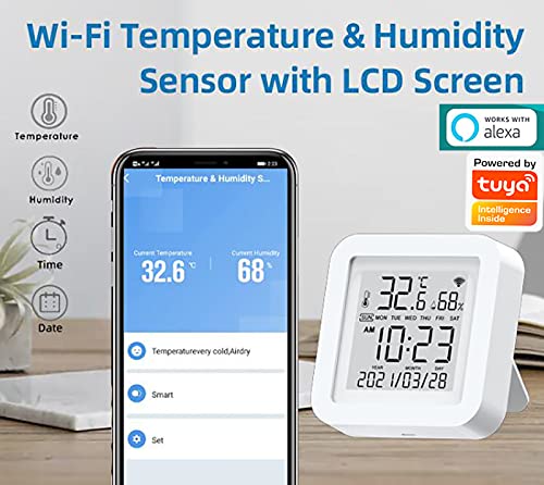 Smart WiFi Temperature Humidity Monitor: TUYA Wireless Temperature Humidity Sensor with APP Notification Alerts, WiFi Thermometer Hygrometer for Home Pet Garage,Compatible with Alexa