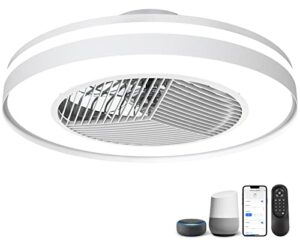 ceiling fan with lights remote control,dimmable fan lighting, 20” enclosed bladeless fan, semi flush mount,2.4ghz wi-fi bluetooth & app controlled works with alexa and google assistant (matte white)