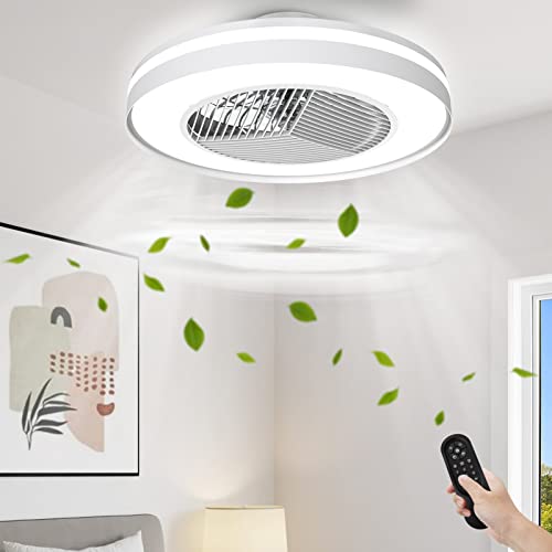 Ceiling Fan with Lights Remote Control,Dimmable Fan Lighting, 20'' Enclosed Bladeless Fan, Semi Flush Mount,2.4GHz Wi-Fi Bluetooth & App Controlled Works with Alexa and Google Assistant (Matte White)