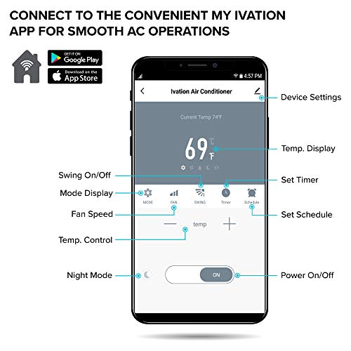 Ivation 13,000 BTU Portable Air Conditioner with Wi-Fi for Rooms Up to 500 Sq Ft (8,500 BTU SACC) 3-in-1 Smart App Control Cooling System, Dehumidifier and Fan with Remote, Exhaust Hose & Window Kit