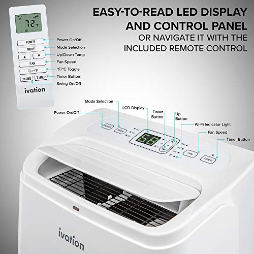 Ivation 13,000 BTU Portable Air Conditioner with Wi-Fi for Rooms Up to 500 Sq Ft (8,500 BTU SACC) 3-in-1 Smart App Control Cooling System, Dehumidifier and Fan with Remote, Exhaust Hose & Window Kit