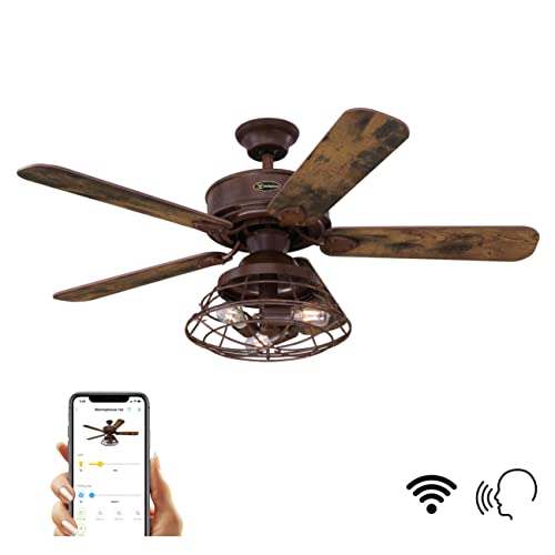 Westinghouse Lighting 74001B00 Vintage-Style Barnett, Smart WiFi Ceiling Fan Compatible with Amazon Alexa and Google Home with LED Light, Remote Control, 48 Inch, Barnwood Finish, Cage Shade