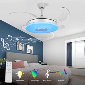 HOREVO Retractable ceiling fans with lights and Bluetooth speaker 42 Inch Fandelier Invisible Blades Chandelier Fan Color Changing Dimmable Hidden Bluetooth Ceiling Fan with lights with remote