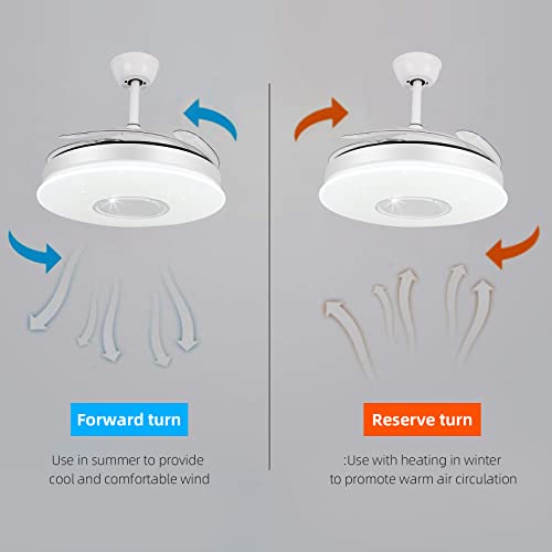 HOREVO Retractable ceiling fans with lights and Bluetooth speaker 42 Inch Fandelier Invisible Blades Chandelier Fan Color Changing Dimmable Hidden Bluetooth Ceiling Fan with lights with remote