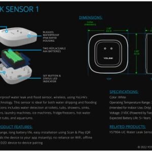 Smart Leak Sensors 2 Pack, YoLink 1/4 Mile World's Longest Range Wireless Smart Water Leak Sensor Compatible with Alexa and IFTTT Leak Detector with App Alerts and Remote Monitor, YoLink Hub Included