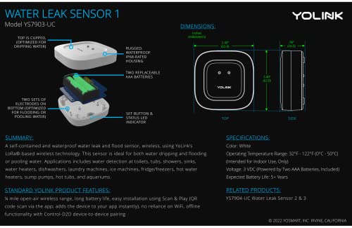 Smart Leak Sensors 2 Pack, YoLink 1/4 Mile World's Longest Range Wireless Smart Water Leak Sensor Compatible with Alexa and IFTTT Leak Detector with App Alerts and Remote Monitor, YoLink Hub Included