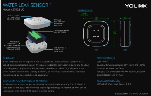 Smart Leak Sensor, YoLink 1/4 Mile World's Longest Range Wireless Smart Water Leak Sensor Compatible with Alexa and IFTTT Leak Detector with App Alerts and Remote Monitor, YoLink Hub Included