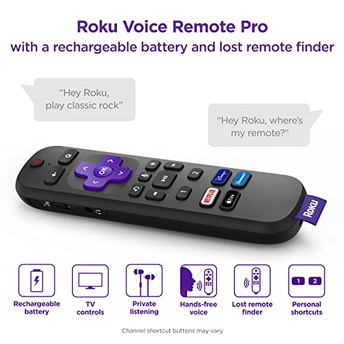 Roku Voice Remote Pro | Rechargeable voice remote with TV controls, lost remote finder, private listening, hands-free voice controls, and shortcut buttons for Roku Players, Roku TV, & Roku Streambars