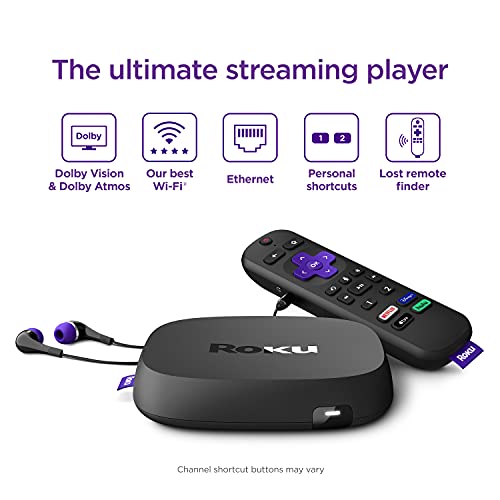 Roku Ultra 2020 | Streaming Media Player HD/4K/HDR, Bluetooth Streaming, andRoku Voice Remote with Headphone Jack and Personal Shortcuts, includes Premium HDMI Cable (Renewed)