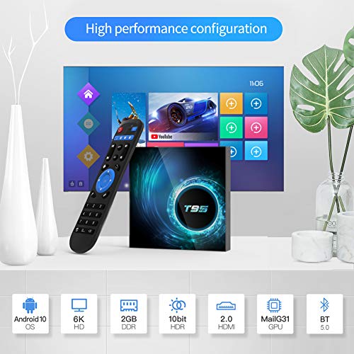 T95 Android 10.0 TV Box, YAGALA Android Box with Allwinner H616 Quad-Core 64bit ARM Corter-A53 CPU Mali G31 MP2 GPU 2GB RAM 16GB ROM 6K 4K Output 2.4GHz+5GHz WiFi 100M LAN Enternet BT5.0