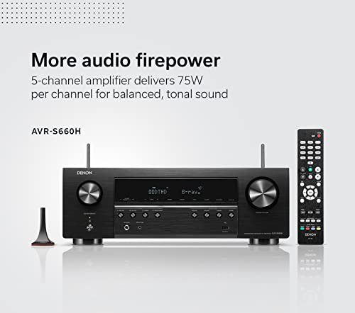 Denon AVR-S660H 5.2 Ch AVR - 75 W/Ch (2021 Model), Advanced 8K Upscaling, 3D Audio - Dolby TrueHD, DTS:HD Master & More, Wireless Streaming, Built-in HEOS, Alexa