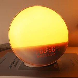 sunrise alarm clock for heavy sleepers, wake up light with sunrise/sunset simulation, dual alarms & natural sounds, snooze & sleep aid, fm radio, 7 colors night light for bedroom, ideal for gift