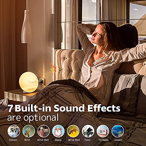 Sunrise Alarm Clock for Heavy Sleepers, Wake Up Light with Sunrise/Sunset Simulation, Dual Alarms & Natural Sounds, Snooze & Sleep Aid, FM Radio, 7 Colors Night Light for Bedroom, Ideal for Gift