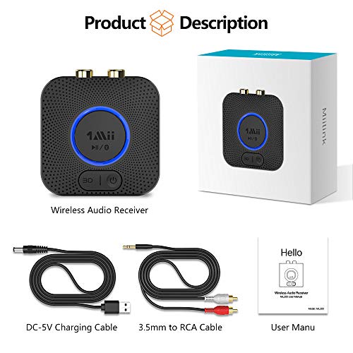 [2022] 1Mii Bluetooth 5.0 Music Receiver, HiFi Wireless Audio Adapter, Bluetooth Receiver with 3D Surround aptX Low Latency for Home Stereo System 12hrs Playtime