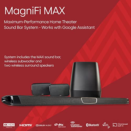 Polk Audio MagniFi Max SR Home Theater Surround Sound Bar, Works with 4K & HD TVs, HDMI, Optical Cables, Wireless Subwoofer & Two Speakers Included (Discontinued by Manufacturer)