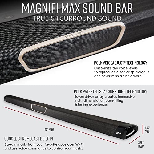 Polk Audio MagniFi Max SR Home Theater Surround Sound Bar, Works with 4K & HD TVs, HDMI, Optical Cables, Wireless Subwoofer & Two Speakers Included (Discontinued by Manufacturer)