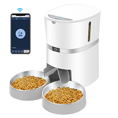 Automatic Cat Feeder, Smart Pet Food Dispenser with APP Control ,WiFi Enabled Automatic Feeder for Dogs, Cats & Small Pets, Double Stainless Steel Bowls,6 Meals Portion Control and Voice Recording