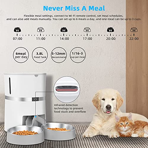 Automatic Cat Feeder, Smart Pet Food Dispenser with APP Control ,WiFi Enabled Automatic Feeder for Dogs, Cats & Small Pets, Double Stainless Steel Bowls,6 Meals Portion Control and Voice Recording