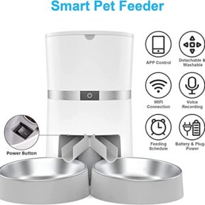 Automatic Cat Feeder, Smart Pet Food Dispenser with APP Control ,WiFi Enabled Automatic Feeder for Dogs, Cats & Small Pets, Double Stainless Steel Bowls,6 Meals Portion Control and Voice Recording