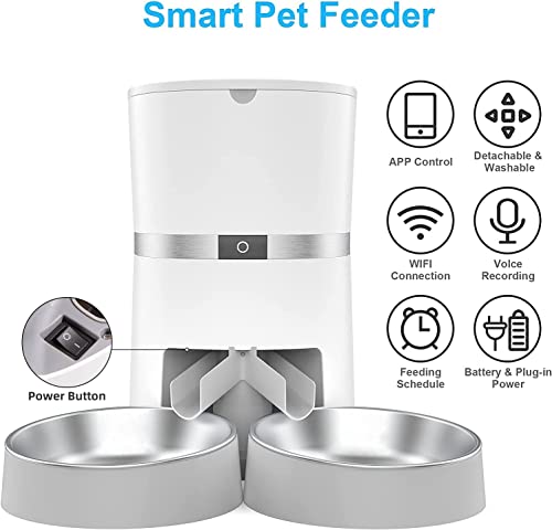 Automatic Cat Feeder, Smart Pet Food Dispenser with APP Control ,WiFi Enabled Automatic Feeder for Dogs, Cats & Small Pets, Double Stainless Steel Bowls,6 Meals Portion Control and Voice Recording