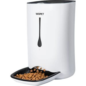 wopet automatic pet feeder food dispenser for cats and dogs–features: distribution alarms,portion control,voice recorder, & programmable timer for up to 4 meals per day