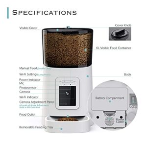 SEKOYA Automatic WiFi 6L Smart Pet Feeder / 1080p Camera for Cats & Dogs / Auto + Manual Food Dispenser / iOS Android Compatible / 2.4GHz Wi-Fi Enabled / Scheduled Feeding / Video Recording
