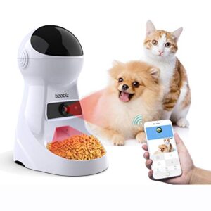 iseebiz automatic pet feeder with camera, 3l app control smart feeder cat dog food dispenser, 2-way audio, voice remind, video record, 6 meals a day for medium small cats dogs, compatible with alexa