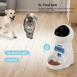 Iseebiz Automatic Cat Feeder, 101oz/3L Timed Cat Feeder for Dry Food with Anti-Clog Design, Up to 4 Meals with Portion Control, Dual Power Supply &10s Voice Recorder for Small Medium Cats Dogs