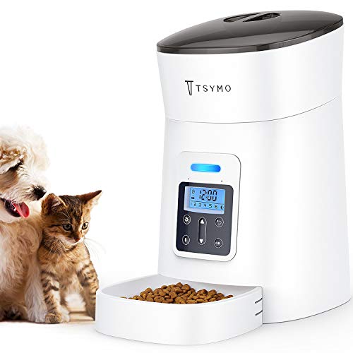 TSYMO Automatic Cat Feeder - 1-6 Meals Auto Dog Food Dispenser with Anti-Clog Design, Timer Programmable, Voice Recording & Portion Control for Small & Medium Pets (4 L White)