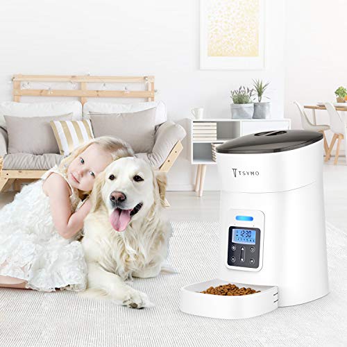 TSYMO Automatic Cat Feeder - 1-6 Meals Auto Dog Food Dispenser with Anti-Clog Design, Timer Programmable, Voice Recording & Portion Control for Small & Medium Pets (4 L White)