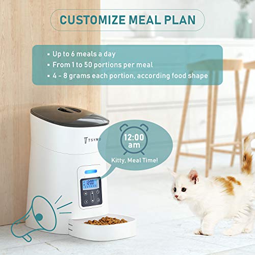 TSYMO Automatic Cat Feeder - 1-6 Meals Auto Dog Food Dispenser with Anti-Clog Design, Timer Programmable, Voice Recording & Portion Control for Small & Medium Pets (4 L White)