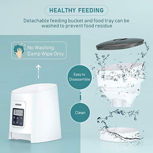 TSYMO Automatic Cat Feeder - 1-6 Meals Auto Dog Food Dispenser with Anti-Clog Design, Timer Programmable, Voice Recording & Portion Control for Small & Medium Pets (4 L White)