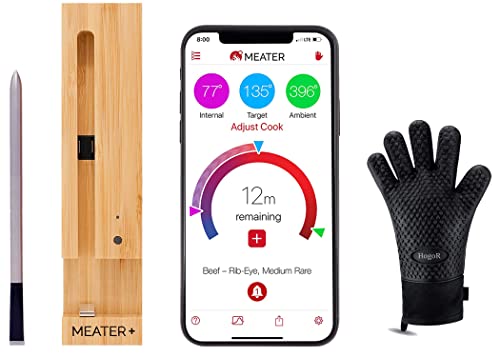 New MEATER+165ft Long Range Smart Wireless Meat Thermometer for The Oven Grill Kitchen BBQ Smoker Rotisserie with Bluetooth and WiFi Digital Connectivity Bundled with HogoR Black Glove