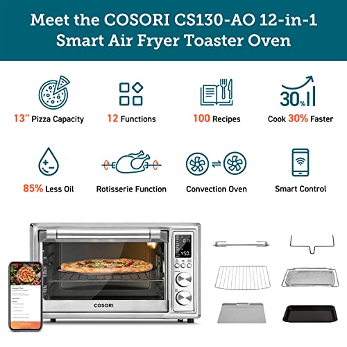 COSORI Smart 12-in-1 Air Fryer Toaster Oven Combo Convection Rotisserie & Dehydrator for Chicken, Pizza and Cookies, Recipe&Accessories Included, 30L, Silver – A Certified for Humans Device