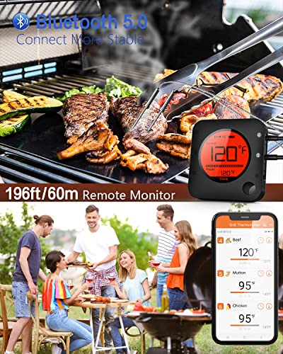 BFOUR Meat Thermometer Wireless Bluetooth, Digital Meat Thermometer with Dual Probe, Wireless Remote BBQ Thermometer for Smoker Kitchen Cooking Grill Thermometer Timer for Grilling BBQ Oven Candy