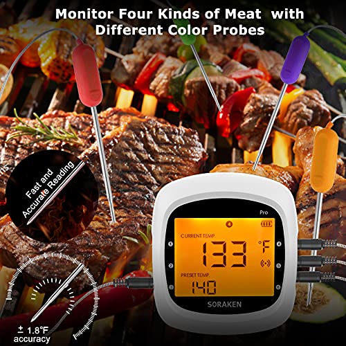 Wireless Meat Thermometer with 4 Probes Digital Grill Thermometer, Bluetooth Grill BBQ Meat Thermometer Kitchen Meat (White)