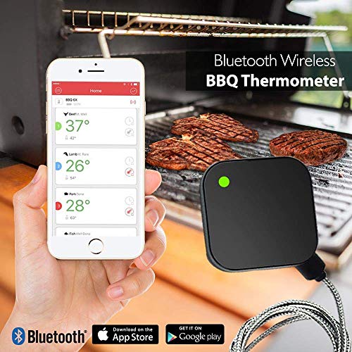 Smart Bluetooth BBQ Grill Thermometer - Upgraded Stainless Probe Safe to Leave in Oven, Outdoor Barbecue or Meat Smoker - Wireless Remote Alert iOS Android Phone WiFi App - NutriChef PWIRBBQ40